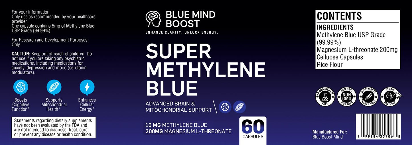 Blue Mind Boost Methylene Blue 10mg + Magnesium L-Threonate 200mg | USP Grade