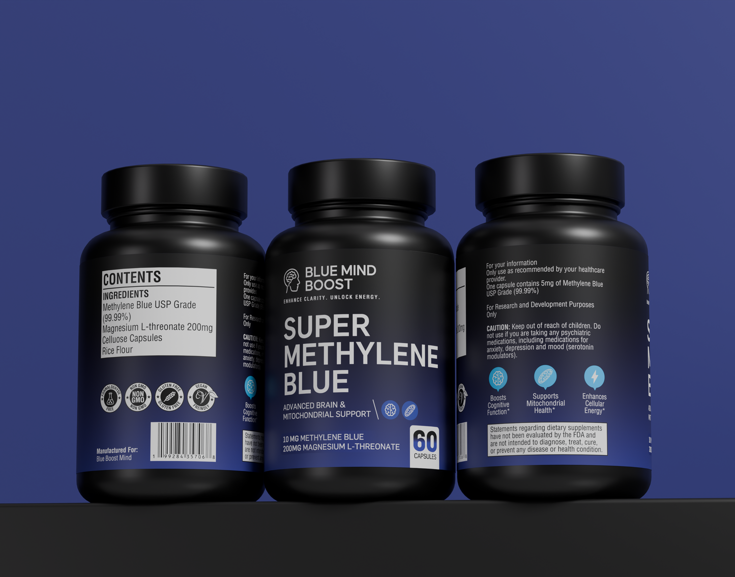 Blue Mind Boost Methylene Blue 10mg + Magnesium L-Threonate 200mg | USP Grade